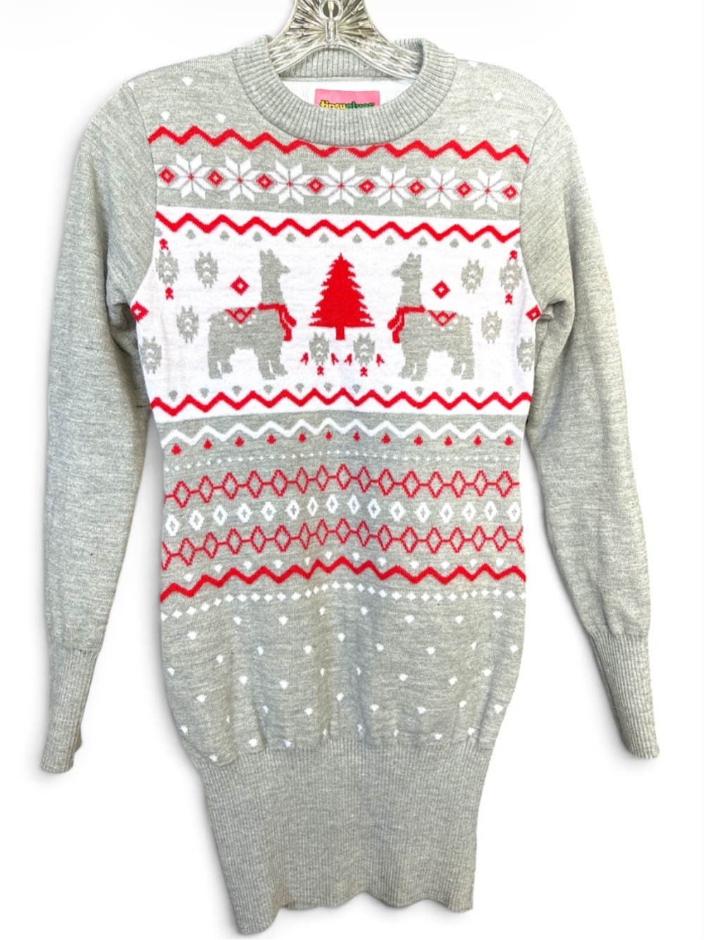 Tipsy Elves Gray Sweater with Red & White Fair Isle Reindeer
